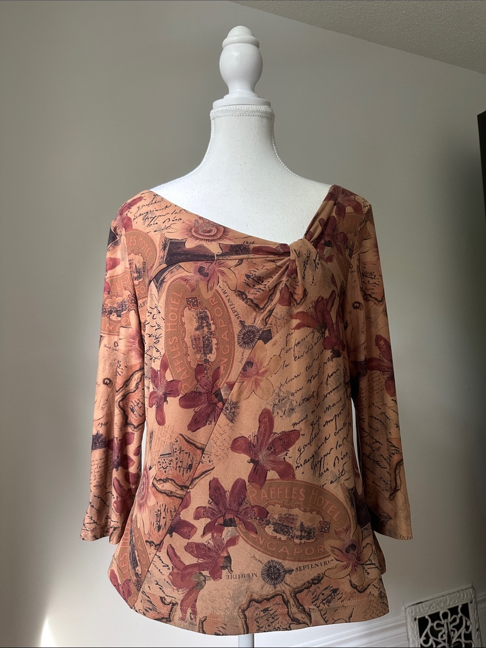 LIBRA Vintage Mixed Print Asymmetrical Knot Neckline Fairy Long Sleeve Large